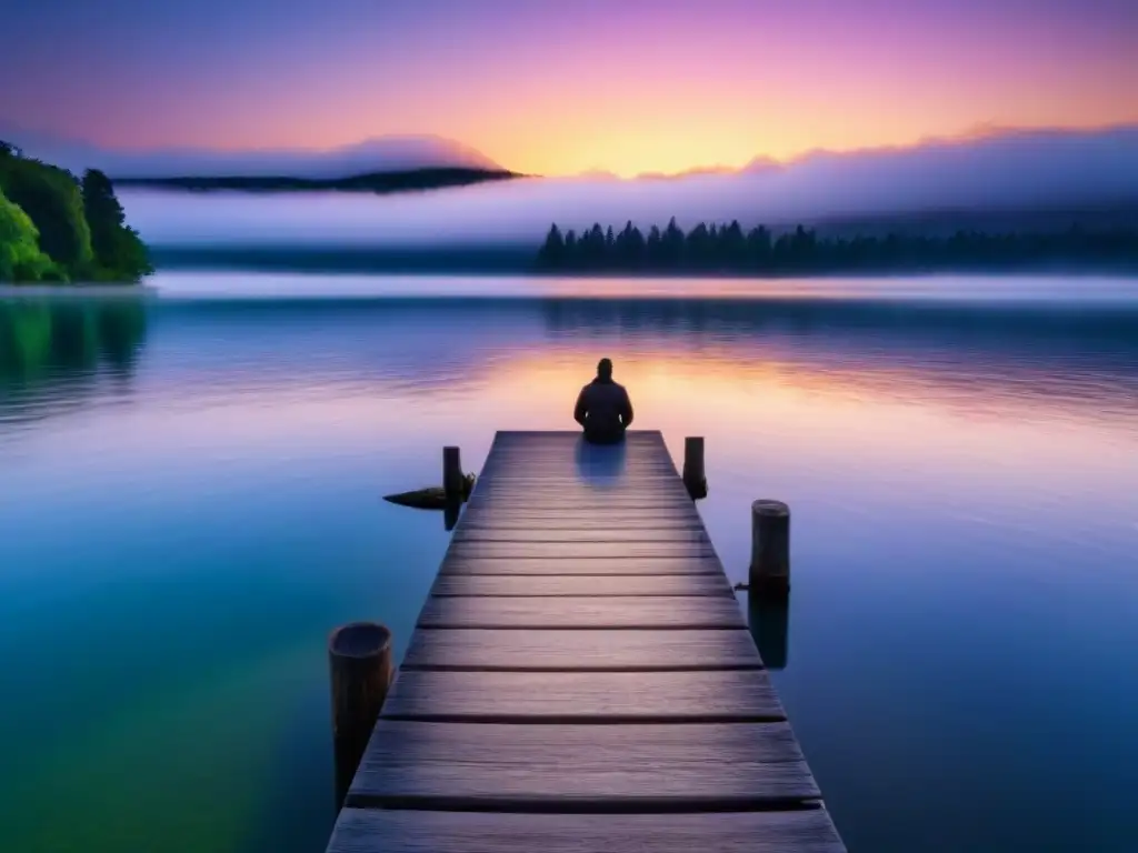 Un atardecer sereno en un lago refleja colores vibrantes, con una persona en un muelle de madera rodeada de verde