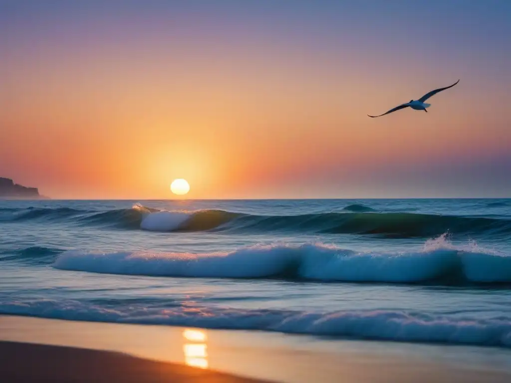 Un atardecer sereno en el mar, con olas suaves y el sol naranja creando un ambiente tranquilo