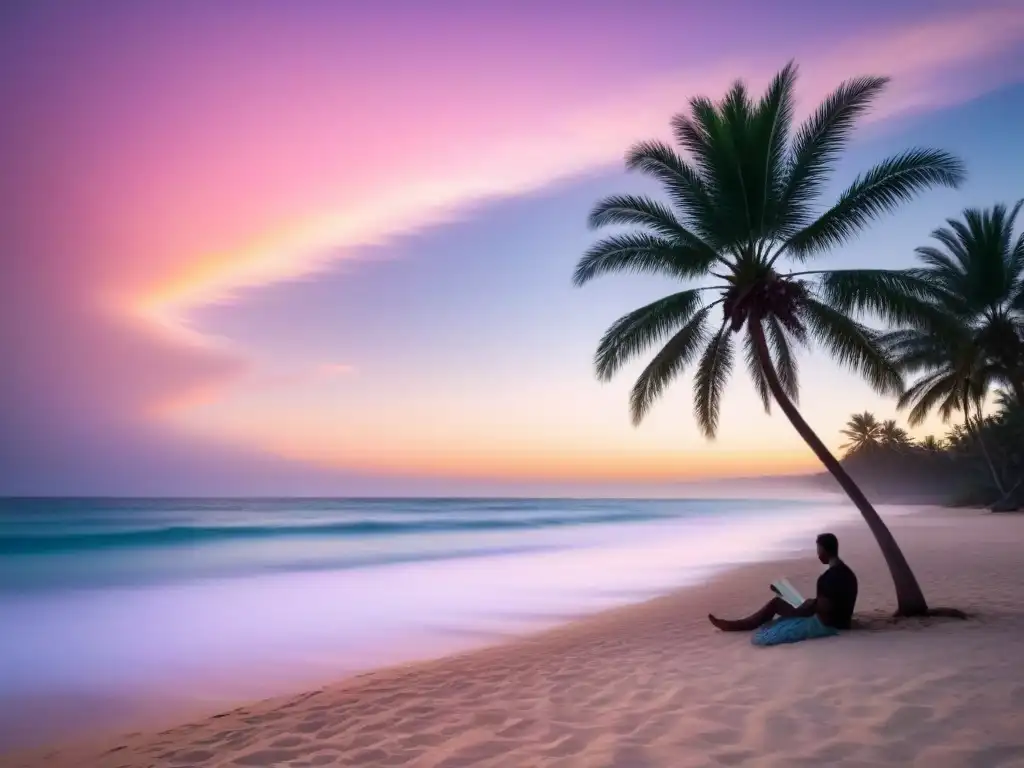 Un atardecer sereno en la playa con olas suaves, una figura leyendo poesía bajo una palmera