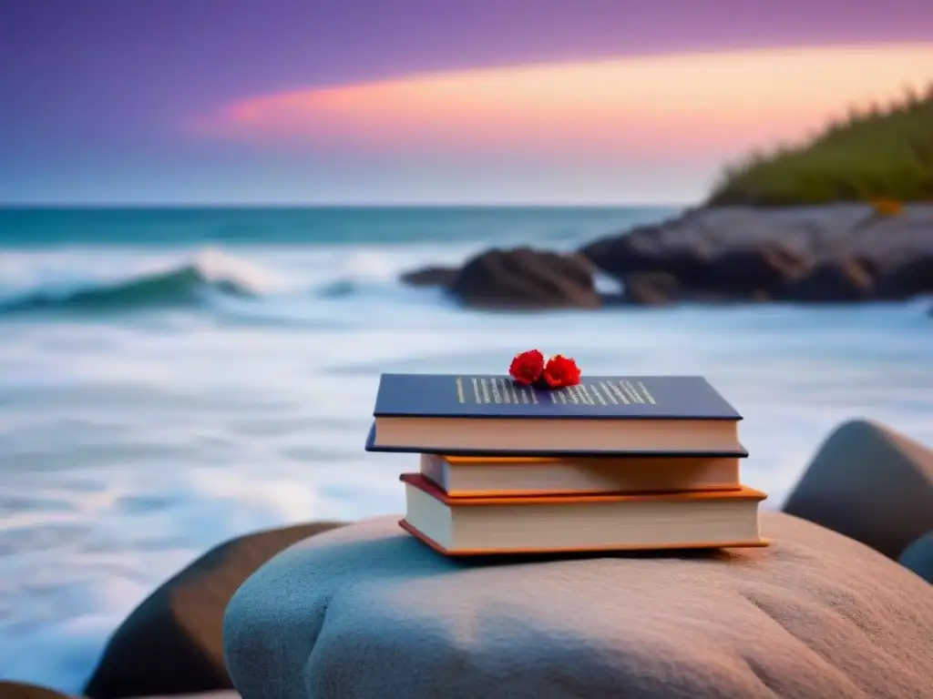 Un atardecer tranquilo en la playa, con libros de poesía en una roca