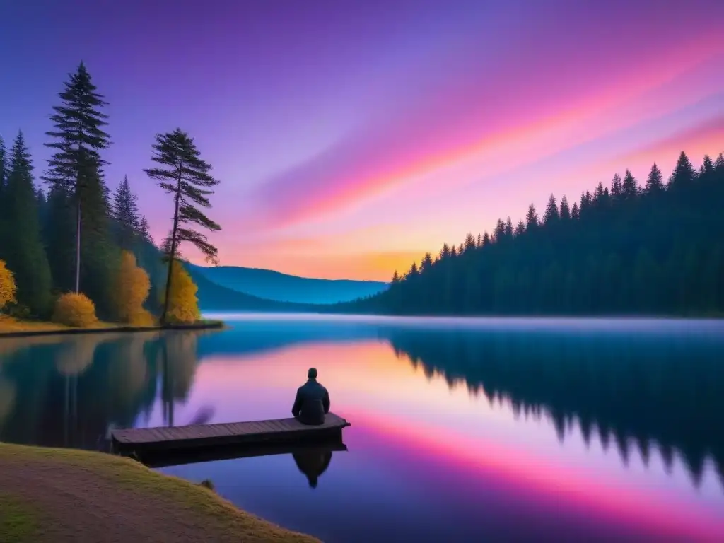 Un atardecer vibrante se refleja en un lago sereno, donde una figura sola contempla rodeada de naturaleza exuberante