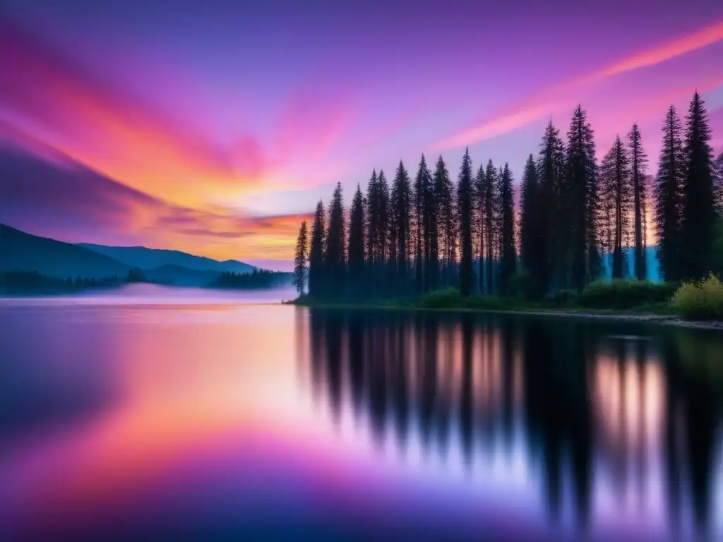 Un atardecer vibrante sobre un lago tranquilo, reflejando cálidos colores en el agua