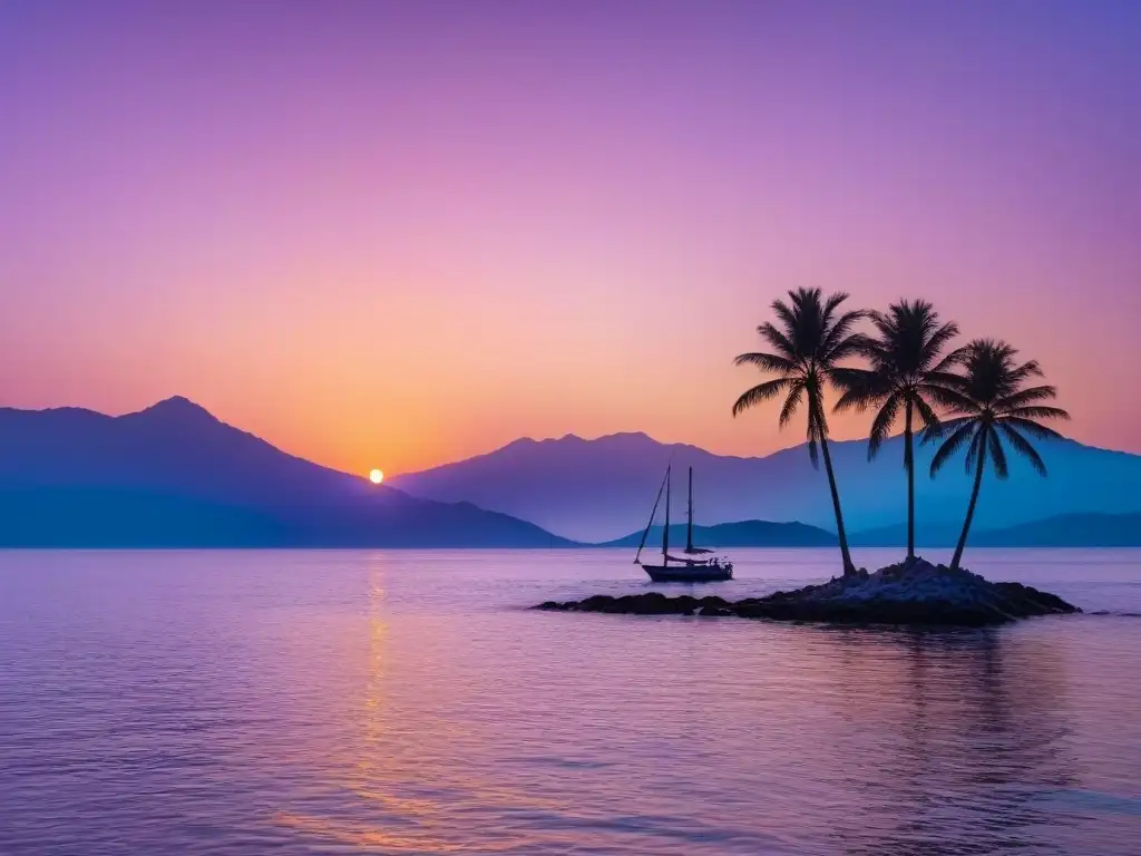 Un atardecer vibrante sobre un océano tranquilo, con montañas al fondo y un velero en el mar