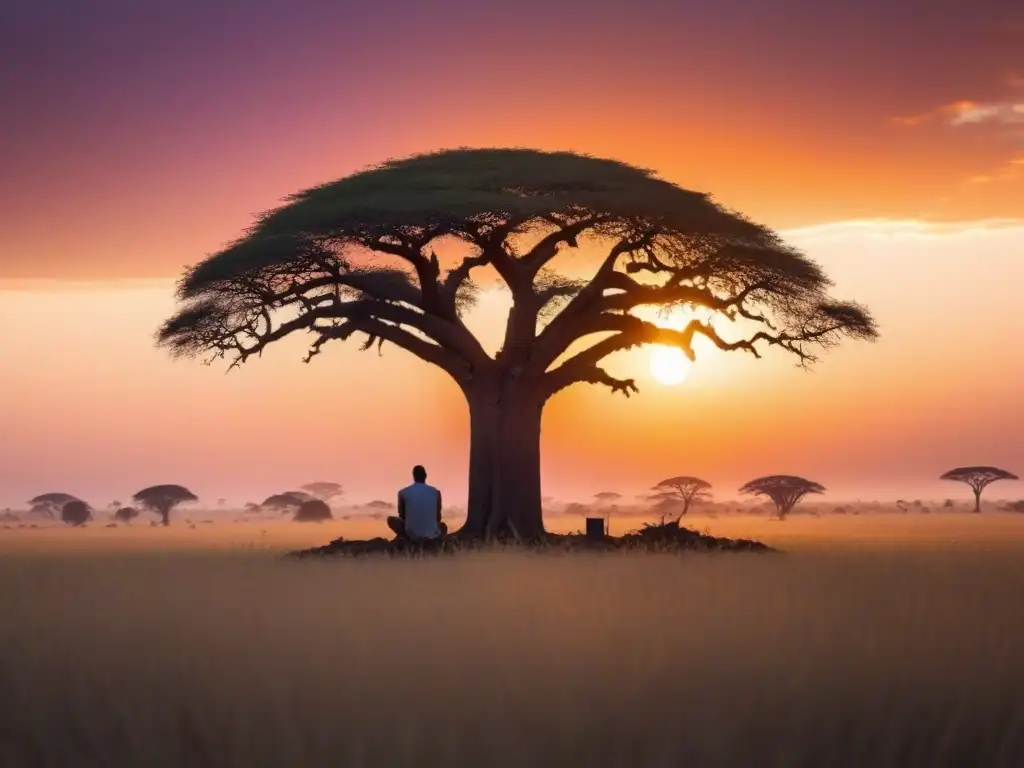 Un atardecer vibrante en la sabana africana con árboles baobab, una figura leyendo poesía bajo la luz del sol