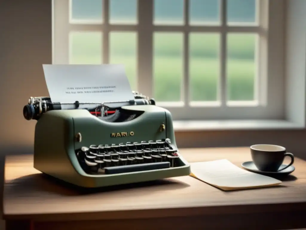 Atmósfera poética: una máquina de escribir en un escritorio de madera, iluminada por luz natural, evocando la poesía cotidiana de Mario Benedetti