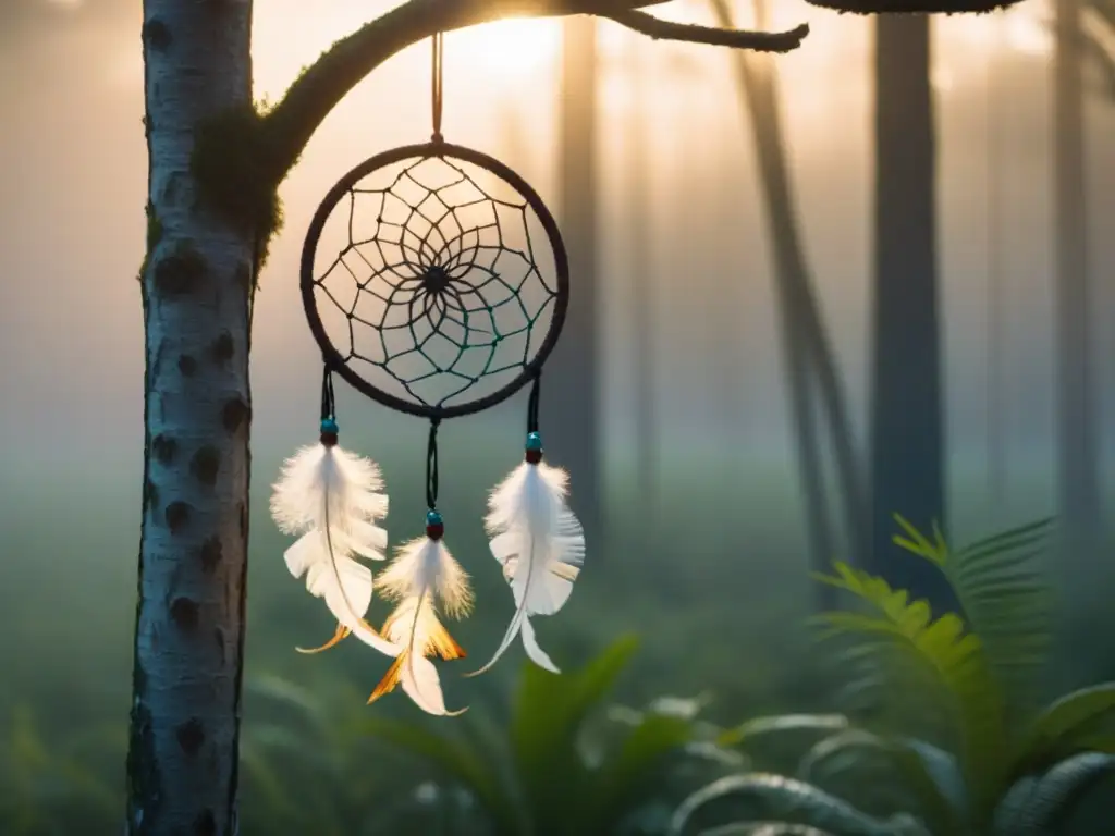 Un atrapasueños tejido con sabiduría ancestral cuelga en el bosque al amanecer, evocando poesía indígena