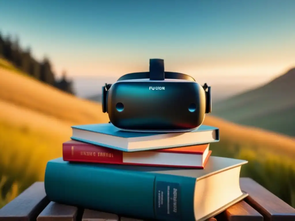 Un audífono de realidad virtual sobre libros de poesía, con paisaje digital reflejado, fusionando literatura poética entornos virtuales