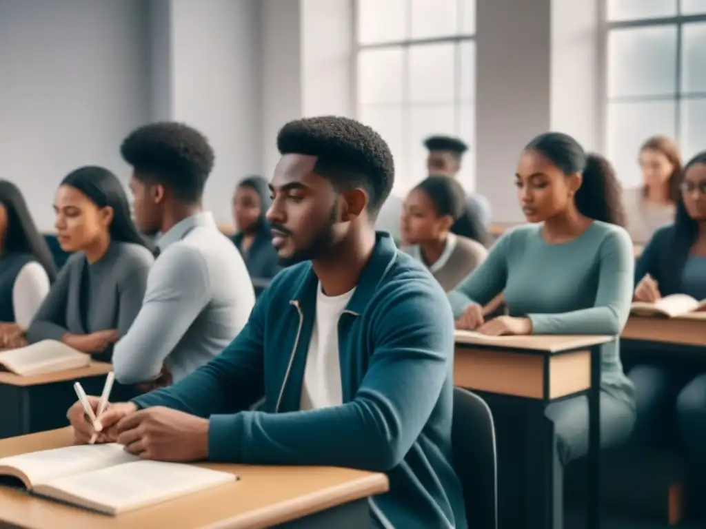 Un aula llena de estudiantes de diversas edades y orígenes, concentrados en leer y escribir poesía