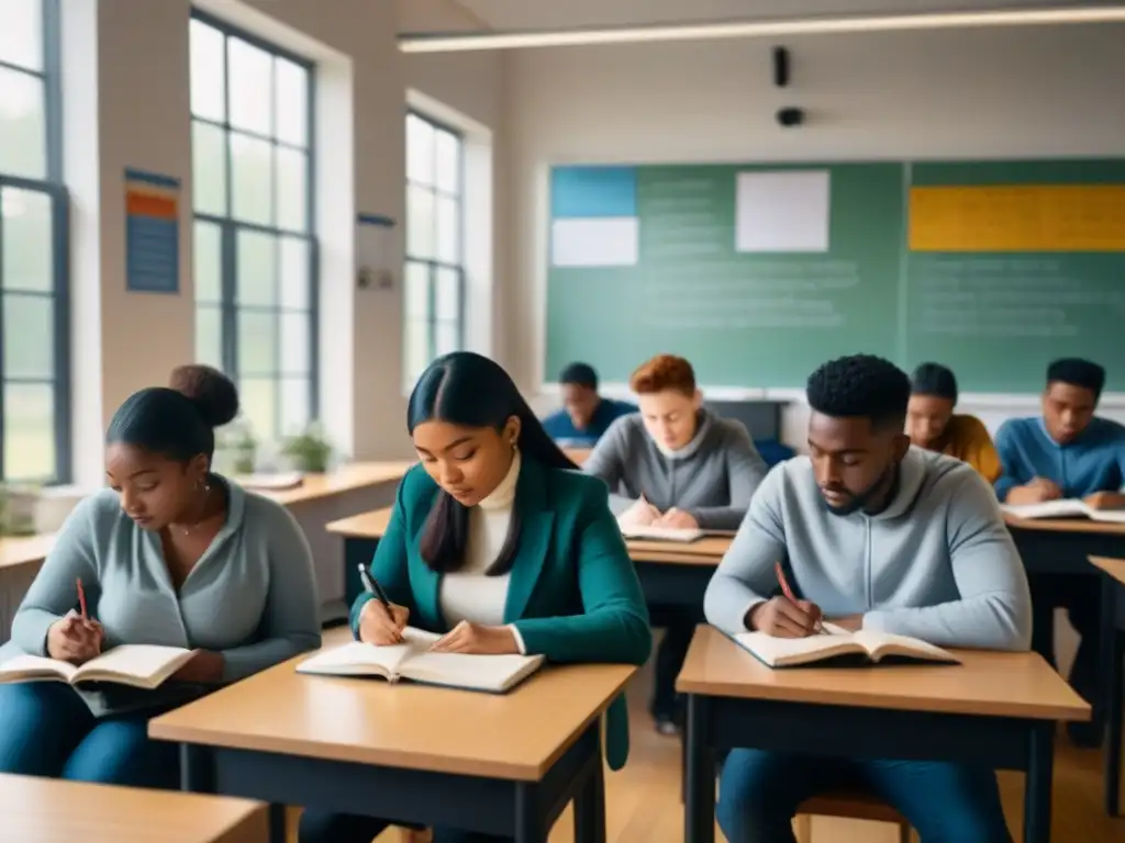 Un aula llena de estudiantes diversos inmersos en la educación poética, rodeados de inspiración y aprendizaje