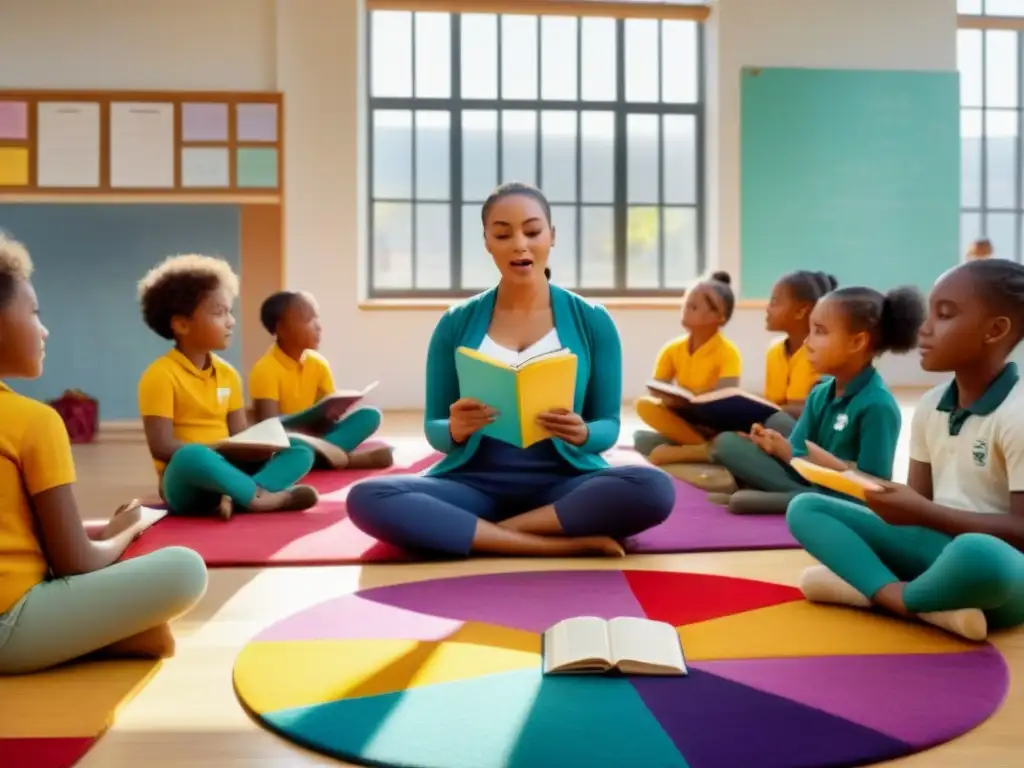 Un aula llena de luz natural donde niños escuchan con atención a su maestra leer poesía, rodeados de inspiración y alegría