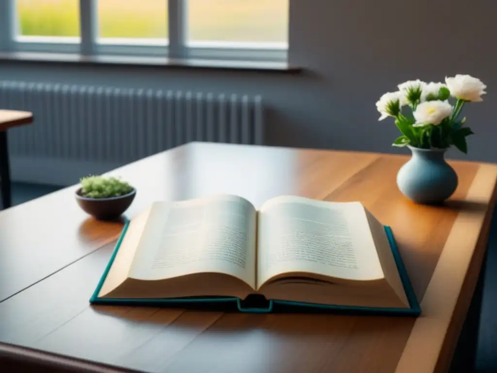 Un aula serena con luz natural, un libro de poesía y flores frescas