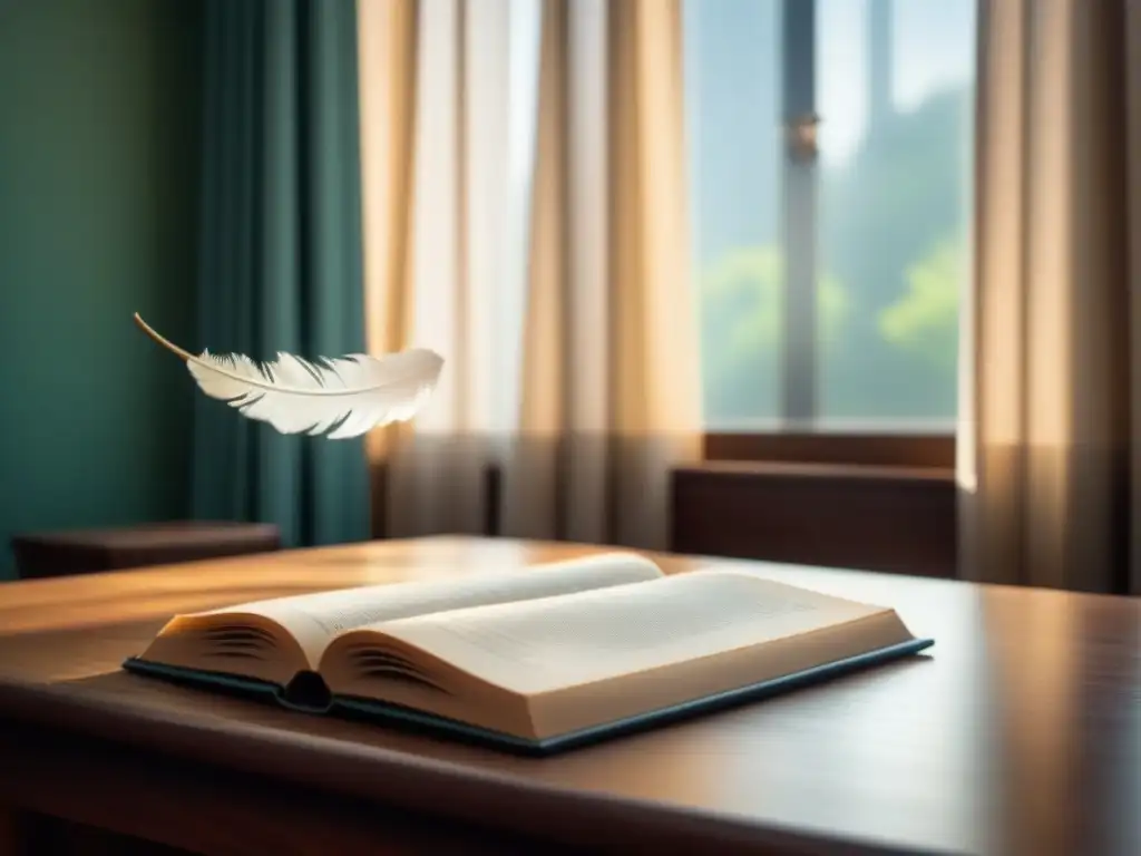 Un aula serena con luz natural iluminando un escritorio de madera, donde reposa un libro de poesía y una pluma blanca