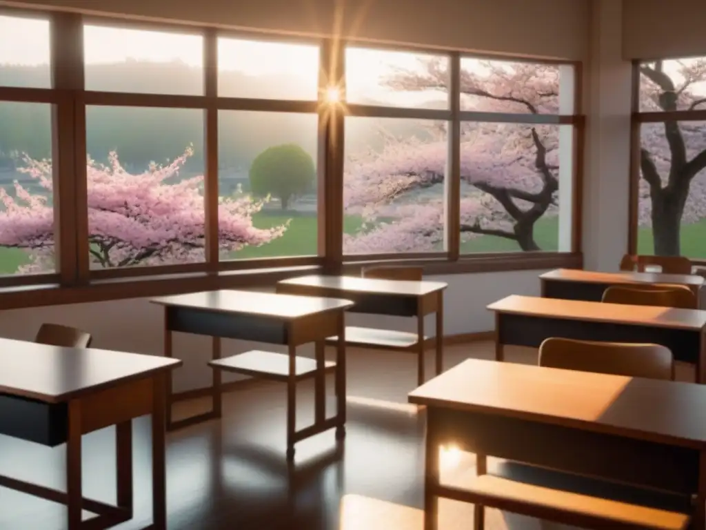 Un aula serena con ventana a un cerezo en flor