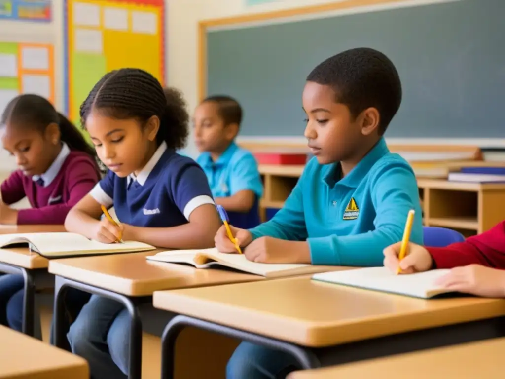 Un aula tranquila y creativa donde niños de diversas etnias escriben poesía, en un entorno de aprendizaje enriquecedor