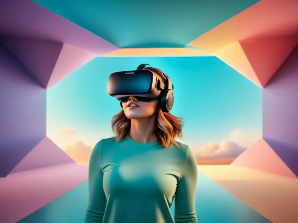 Un auricular de realidad virtual flota entre formas geométricas en tonos pastel, fusionando tecnología y poesía lírica en armonía serena