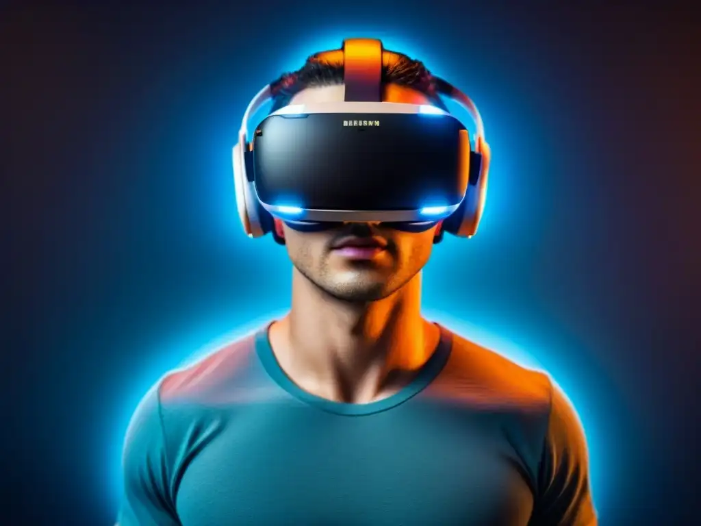Headset de Realidad Virtual Futurista en 8k: Innovación Poética Un auricular de realidad virtual futurista flotando entre partículas digitales, iluminado con luces suaves, representa la Realidad Aumentada en Poesía