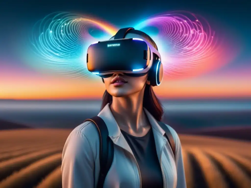 Un auricular de realidad virtual flotando en luz etérea, con versos poéticos, en un paisaje abstracto