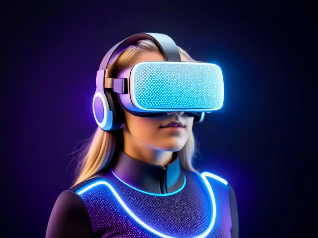 Un auricular de realidad virtual minimalista y futurista, con patrones de circuitos brillantes en tonos azules y morados sobre un fondo negro elegante