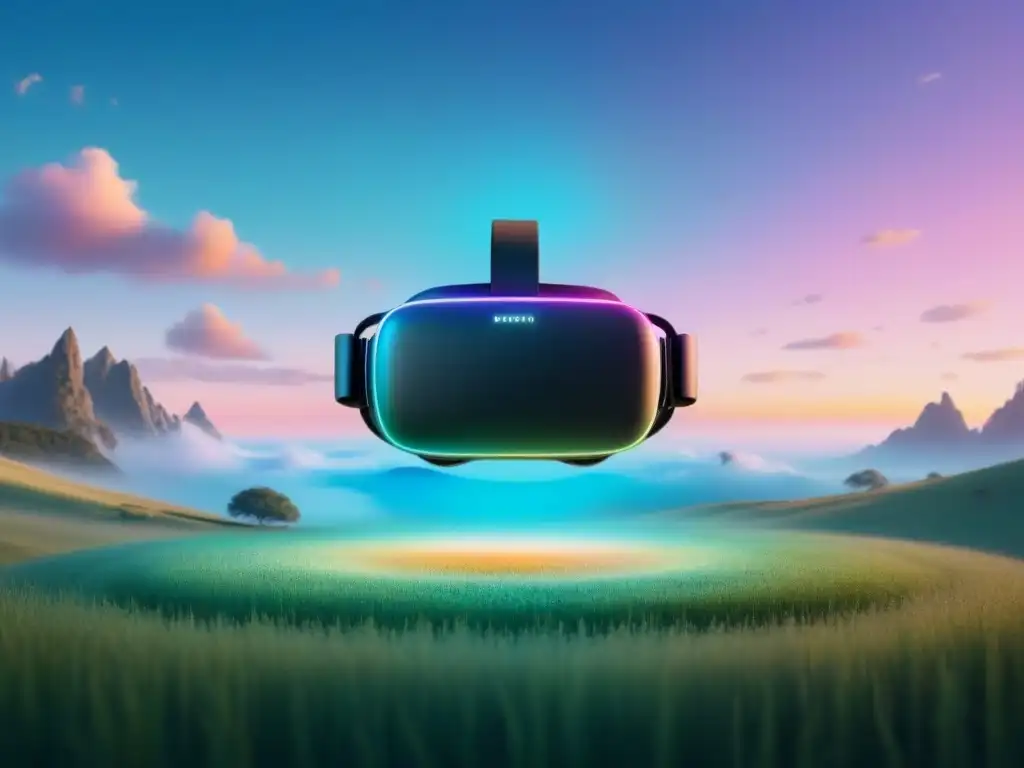 Realidad virtual serena: auriculares flotantes entre versos poéticos Un auricular de realidad virtual flotando en un paisaje onírico junto a versos de poesía lírica en varios idiomas