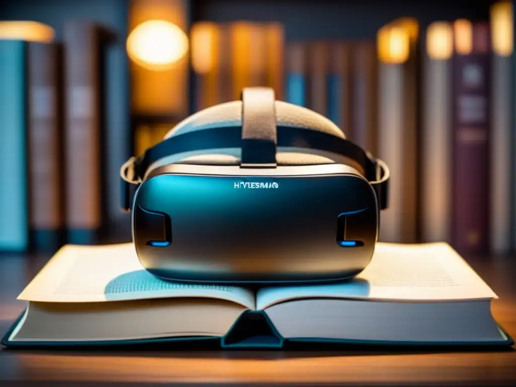 Un auricular de realidad virtual descansa en una pila de libros de poesía, iluminado por arriba