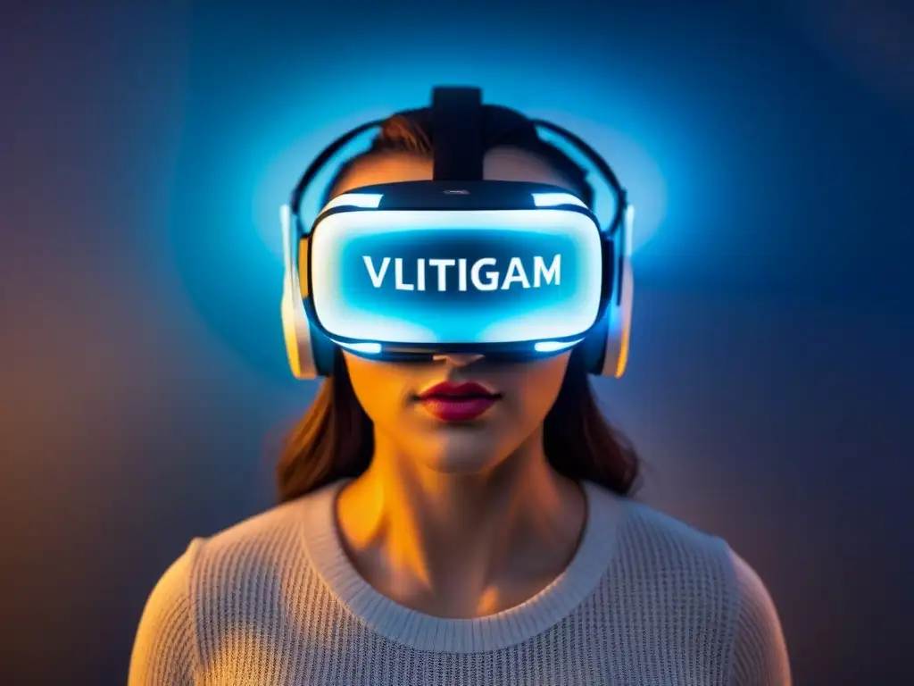 Inmersión poética: auriculares de realidad virtual con versos flotantes Un auricular de realidad virtual rodeado de versos poéticos en varios idiomas, con un suave resplandor que crea inmersión y conexión poética