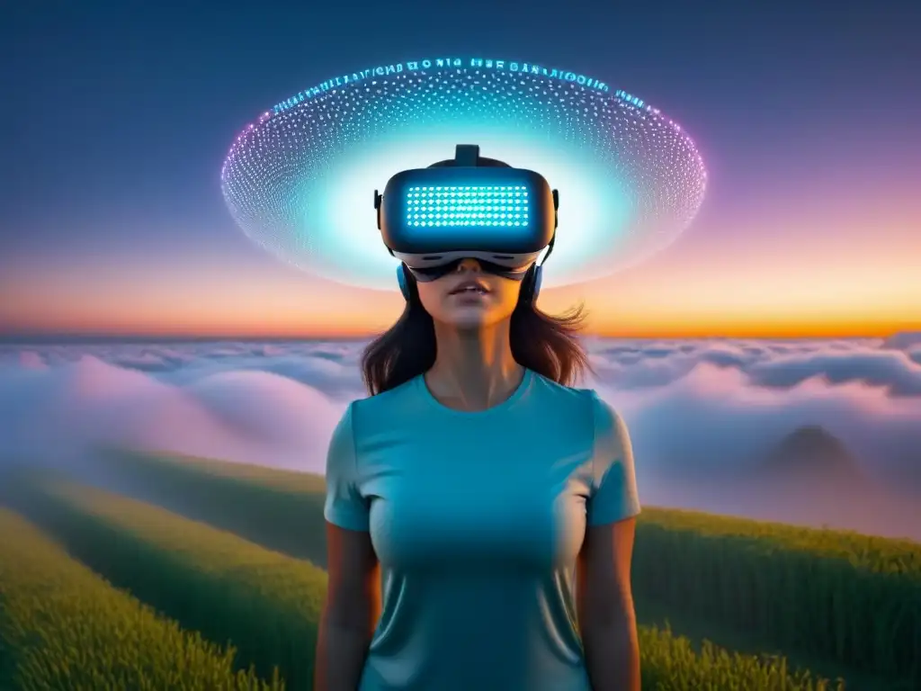 Aurora de poesía lírica: Realidad virtual fusionada con metáforas y emociones en paisaje digital sereno