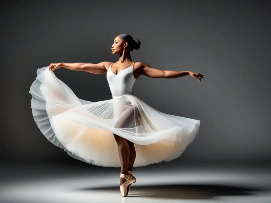 Una bailarina de ballet en pleno giro, su vestido fluyendo en elegantes formas en el aire, expresando poesía simbolismo verdades universales