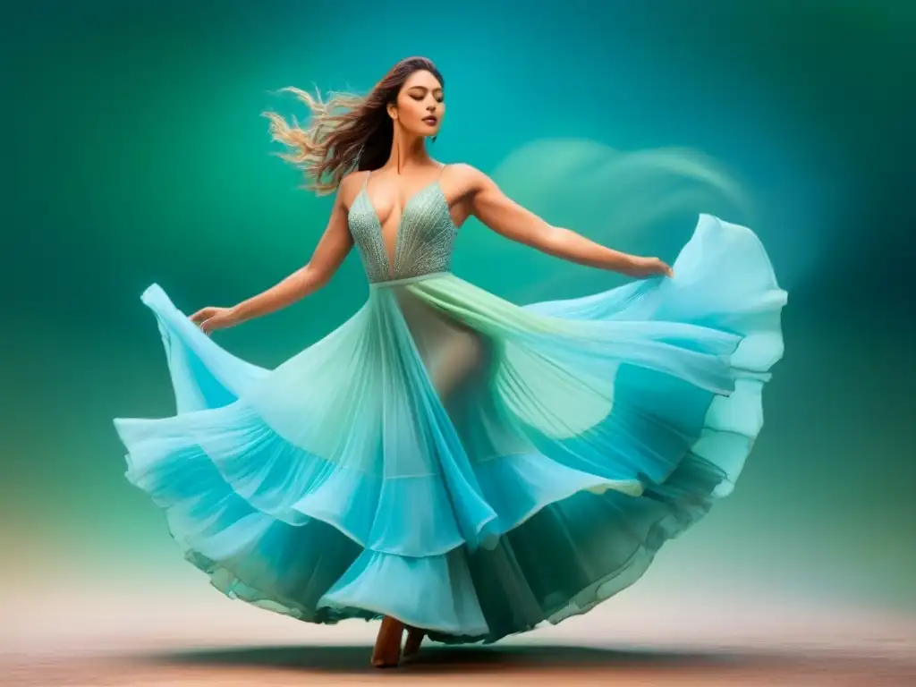 Una bailarina elegante en un vestido fluido, rodeada de versos poéticos que danzan en tonos suaves