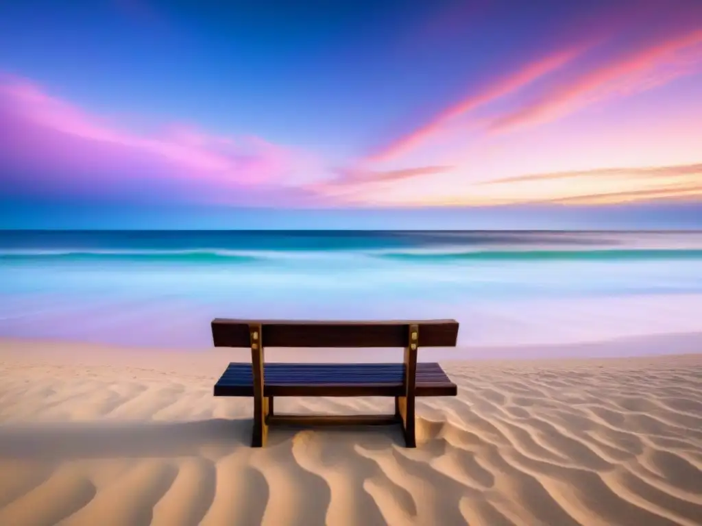 Un banco de madera vacío frente al mar al amanecer, invitando a leer poesía en la playa
