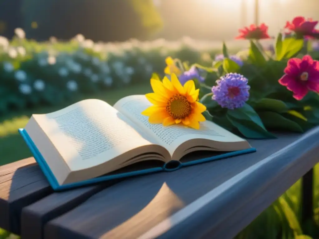 Un banco en un parque soleado rodeado de flores vibrantes y un libro abierto con poesía, mostrando el Poder transformador de la poesía