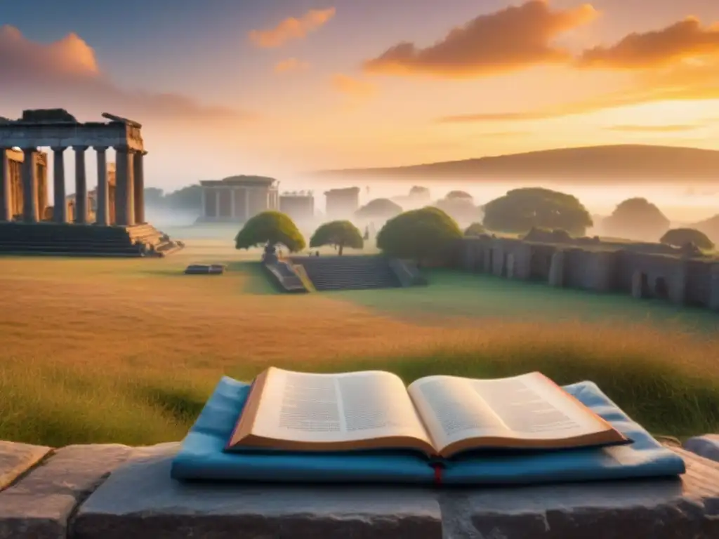 Un banco de piedra con un libro de poesía abierto en un sitio arqueológico al atardecer