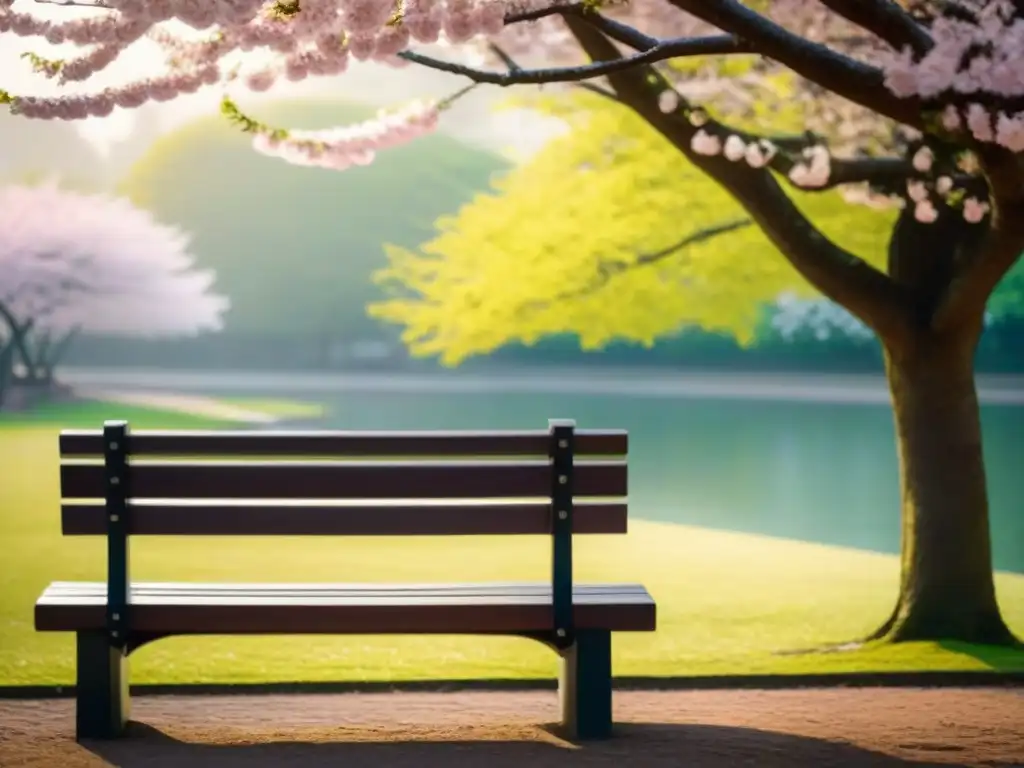 Un banco solitario bajo un cerezo en flor invita a reflexiones poéticas en la quietud del parque