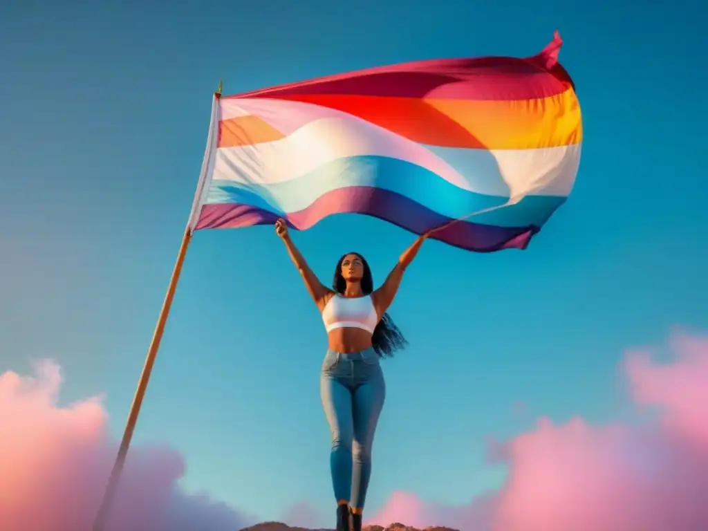 Bandera transgénero ondeando en el viento bajo un cielo pastel, simbolizando la visibilidad trans en la poesía contemporánea