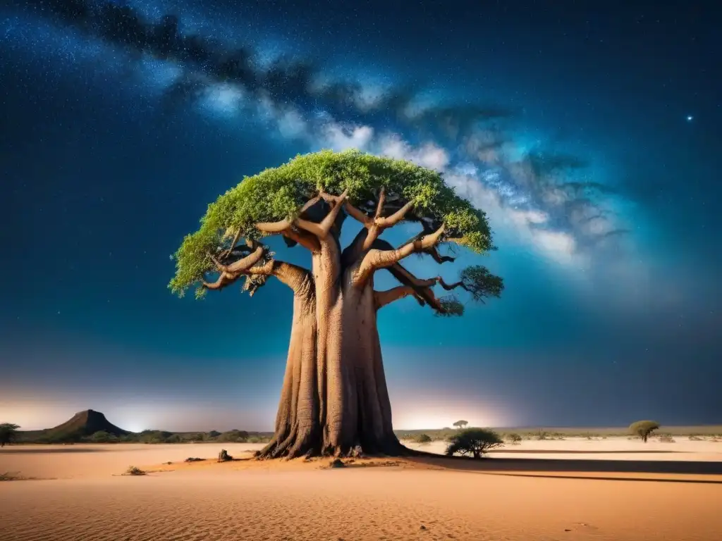 Un baobab africano destaca en el desierto bajo un cielo estrellado, simbolizando resiliencia en poesía africana