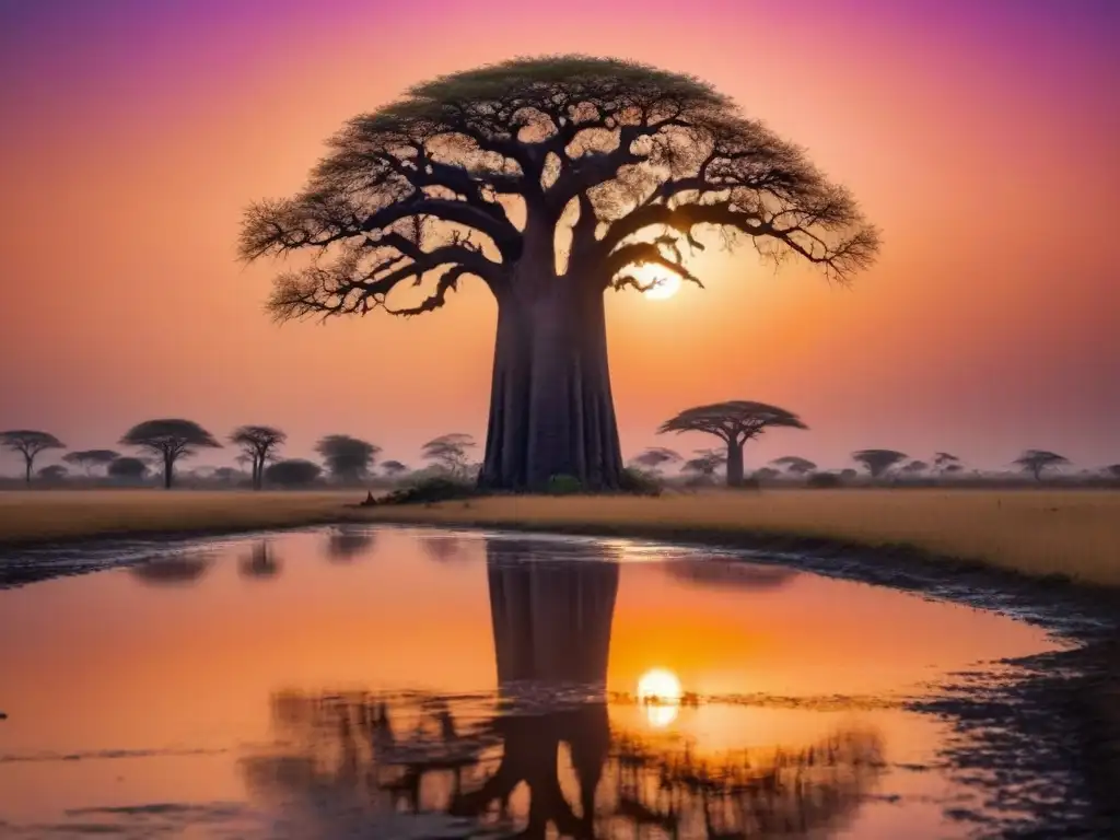 Un baobab solitario en un atardecer africano, reflejándose en un charco