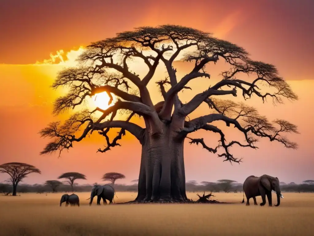 Un baobab solitario se recorta contra un atardecer africano, con elefantes en un poético y poderoso escenario