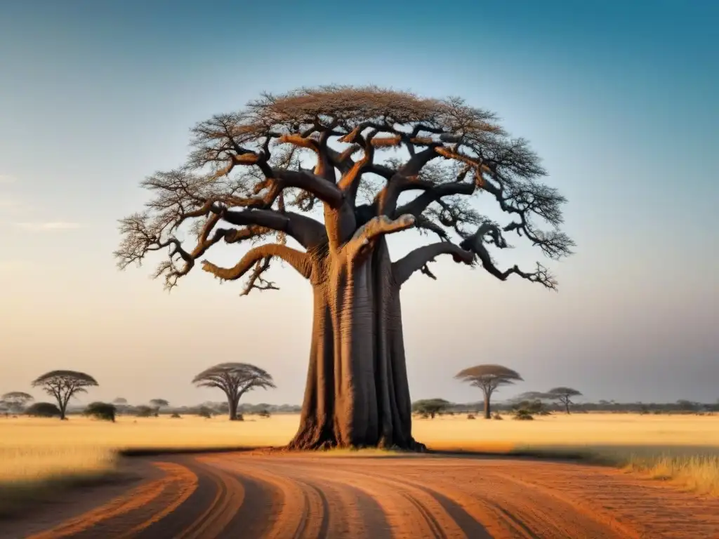 Un baobab solitario destaca en la sabana africana, con su sombra proyectada en el suelo, en una fotografía en blanco y negro