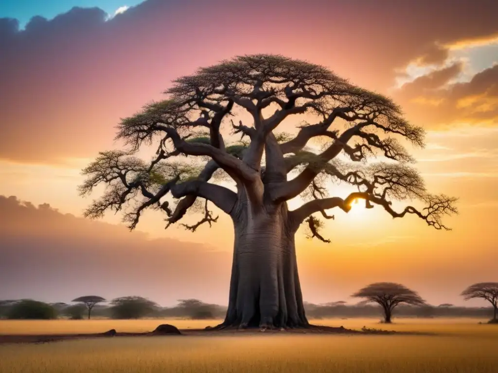 Un baobab solitario destaca contra un vibrante atardecer africano, evocando un renacimiento poético en poesía africana