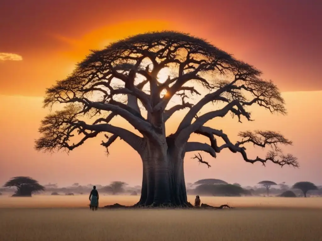 Poesía contemporánea África corazón: Un baobab solitario destaca contra un vibrante atardecer africano, lleno de cálidos tonos naranjas y rojos