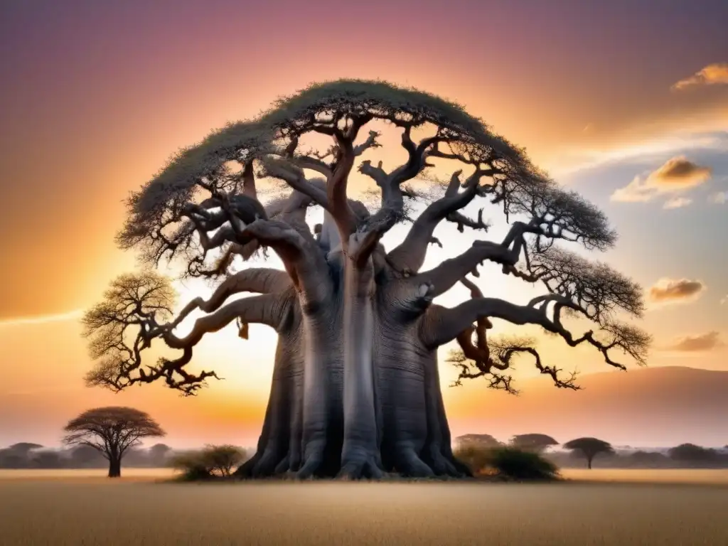 Dos baobabs entrelazados se alzan contra un cielo de atardecer vibrante, representando el amor en poesía africana