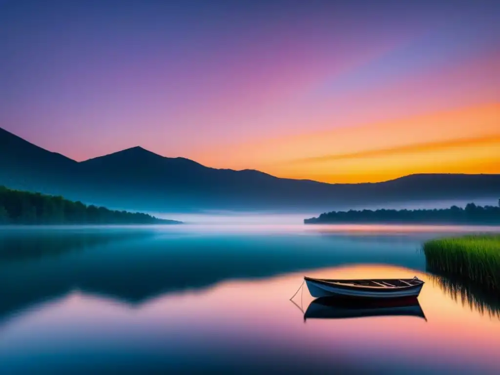 Un barco solitario flota en un lago sereno al atardecer, reflejando un paisaje poético que invita a la introspección