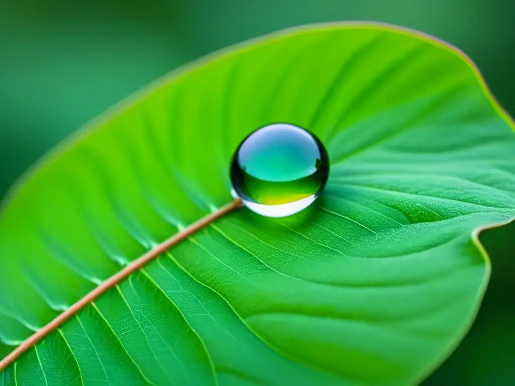 Bella gota de rocío sobre hoja verde, reflejando la luz matutina con detalles de sus venas