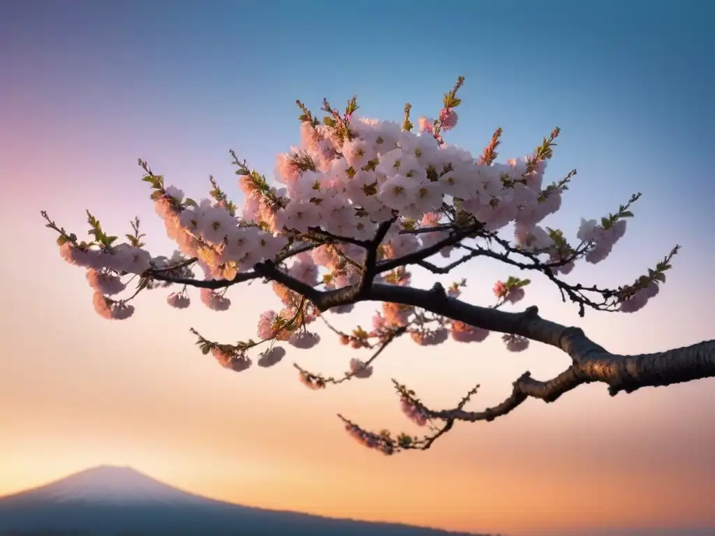 La belleza de la poesía: Árbol de cerezo en flor, delicado y sereno, bajo un amanecer pastel