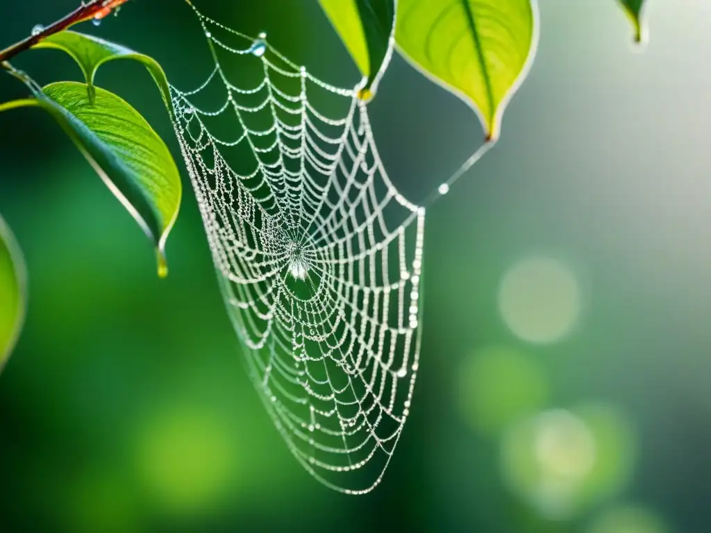 La belleza de la poesía: tela de araña cubierta de rocío entre hojas verdes al amanecer