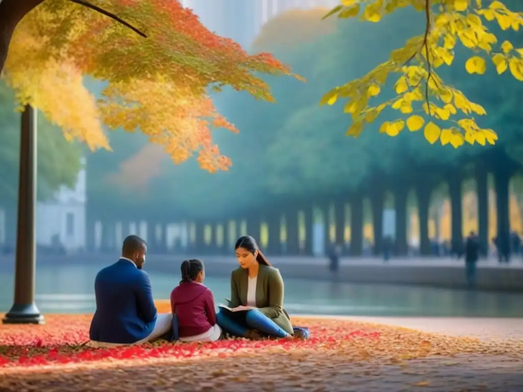 La belleza de la diversidad cultural y la poesía se refleja en este grupo variado de personas leyendo y escribiendo en un parque otoñal sereno, con hojas de colores cayendo a su alrededor