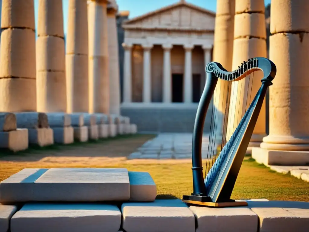 Melancolía y belleza en una lira griega antigua, reposando en ruinas de mármol bajo la luz dorada del atardecer