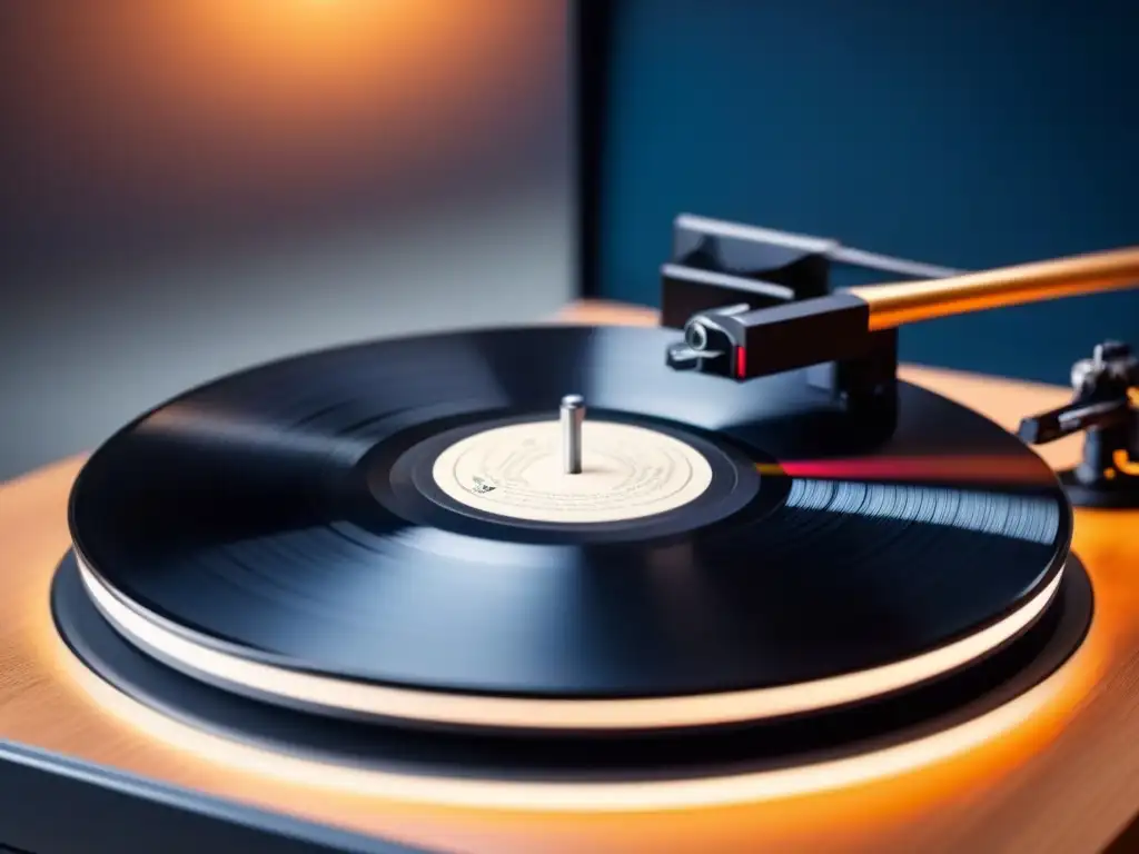 La belleza de la repetición en poesía: un vinilo negro girando en un tocadiscos minimalista, con surcos e intrincados detalles