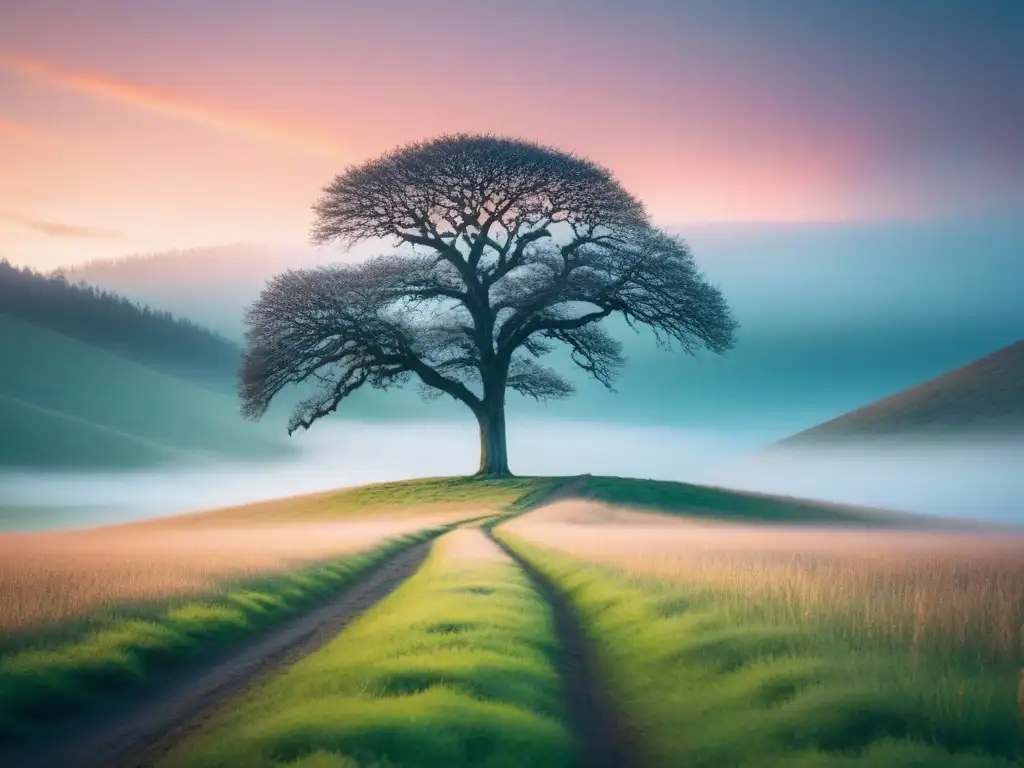 La belleza transformadora de la poesía: un árbol solitario destaca en un paisaje vasto y sereno