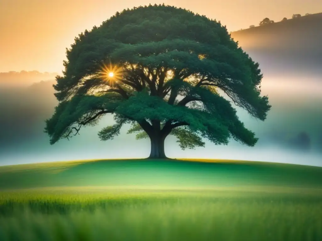 La belleza transformadora de la poesía: Un árbol solitario destaca en un prado sereno con rayos de sol filtrándose entre sus ramas