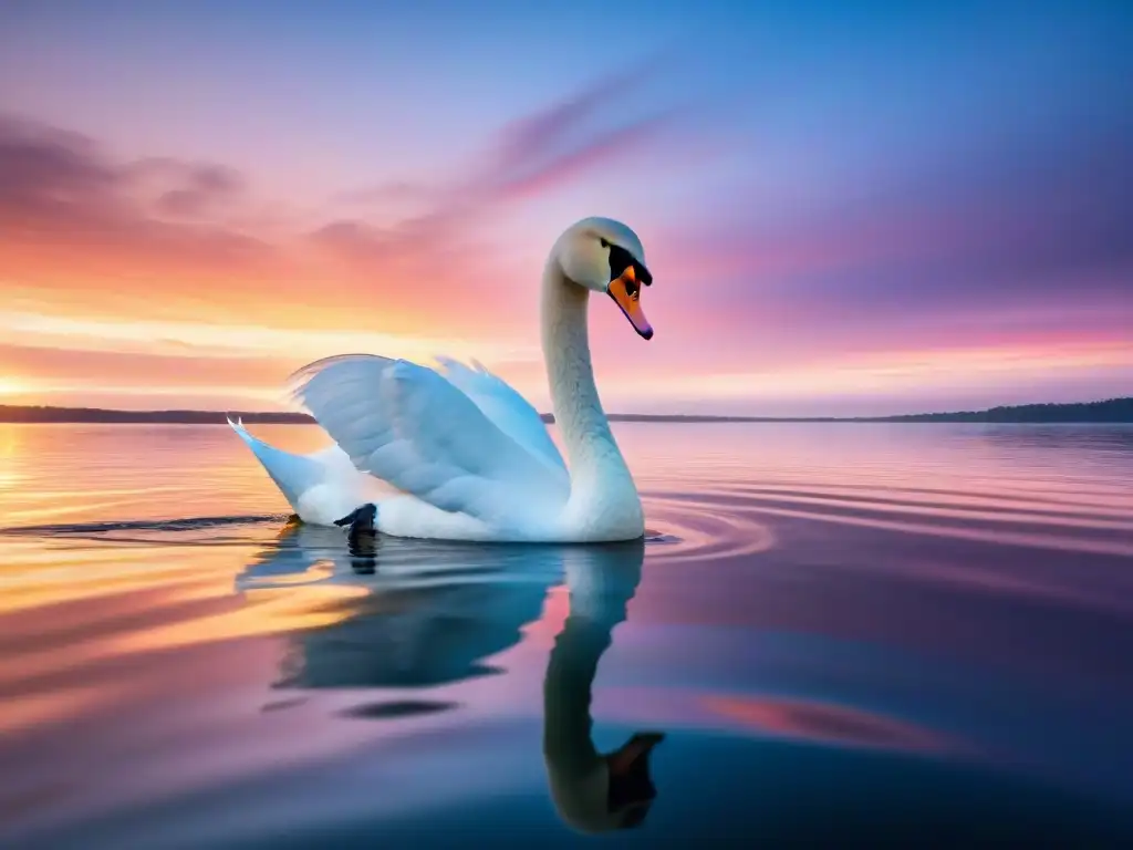 Un bello cisne se desliza con gracia en un lago sereno, reflejando un cielo de atardecer vibrante